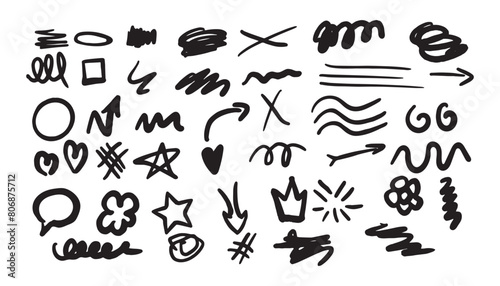 Hand drawn marker pen strokes doodle design elements, black on white isolated background. Black scribble doodle underline line shape set.  Editable stroke photo