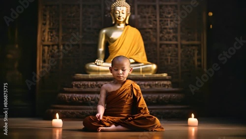 Monks and novices meditate in front of the Buddha statue. photo