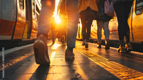 This vibrant image captures the bustling atmosphere of urban commuters walking along a train station platform at sunset, with the golden sunlight illuminating their path and creating long shadows.