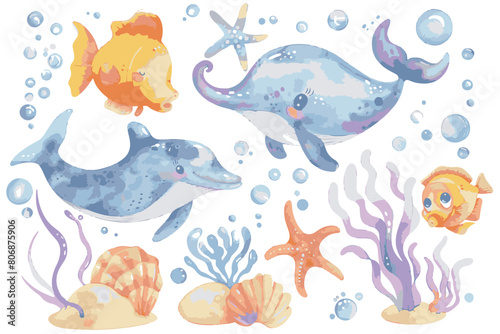 Set of cute sea animals  a simple watercolor clipart  white background
