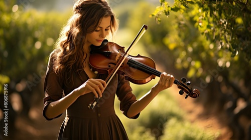 A woman is playing a violin