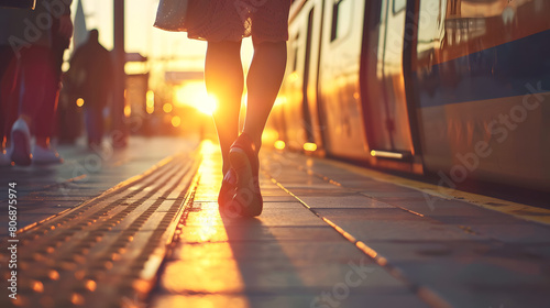 The low angle view captures a moment in the daily commute, focusing on the feet of passengers at a train station against a backdrop of vibrant sunset accentuating routine yet picturesque end to workda