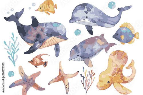 A set of playful ocean animals, hand-painted in watercolor