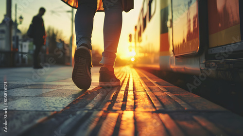 A dynamic image capturing the essence of the evening commute, featuring commuters at a train station bathed in the warm glow of the setting sun, highlighting the everyday rush in an urban environment.