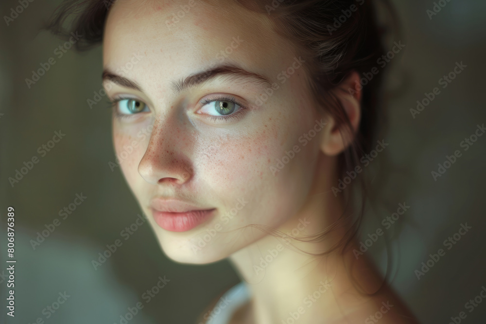Fototapeta premium Ethereal young woman in a candid moment, her flawless skin and piercing gaze captivating.