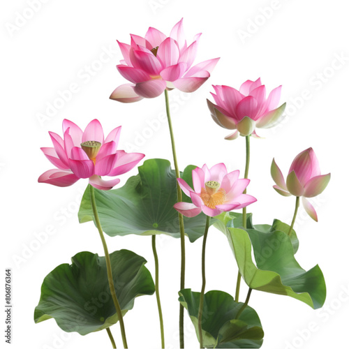 Three  four  or five blossoming lotuses in a group  isolated against a white background 
