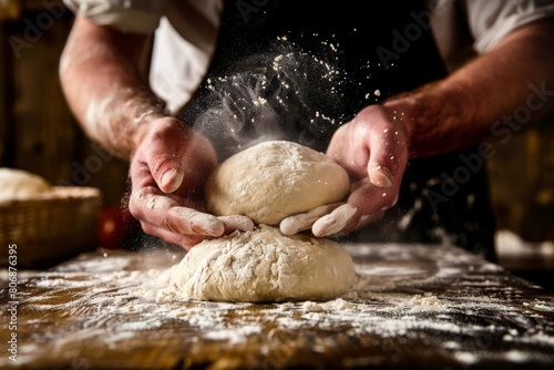 closeup of skilled bakers hands dusted with flour kneading and shaping dough with care and precision in rustic bakery kitchen artisan baking concept photo