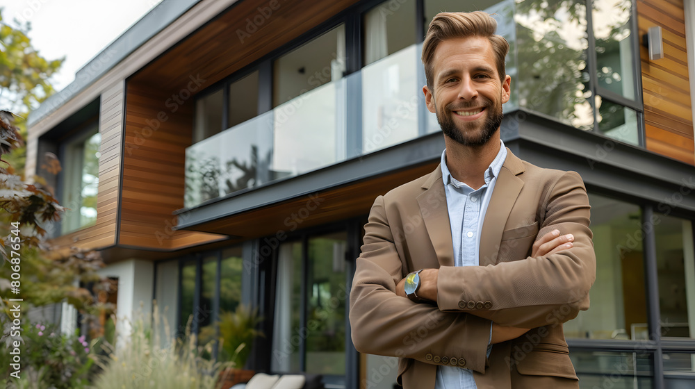 An engaging male real estate agent, with a bright smile and crossed arms, stands confidently in front of a stylish and modernly designed home, illustrating his expertise in high-end real estate market An engaging male real estate agent, with a bright smile and crossed arms, stands confidently in front of a stylish and modernly designed home, illustrating his expertise in high-end real estate market