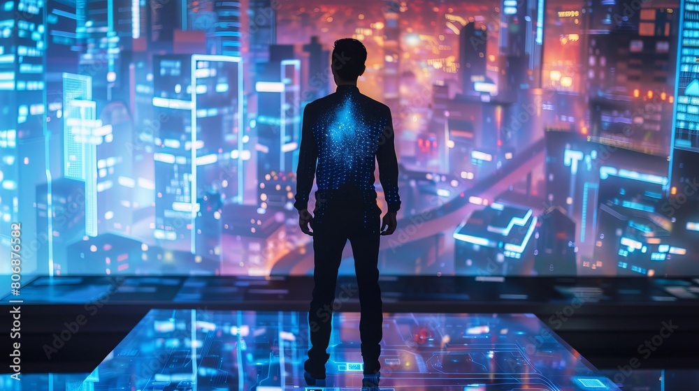 A beautiful robot man stands at an interactive table displaying a hologram of a smart city, demonstrating how AI controls various systems within a smart city environment