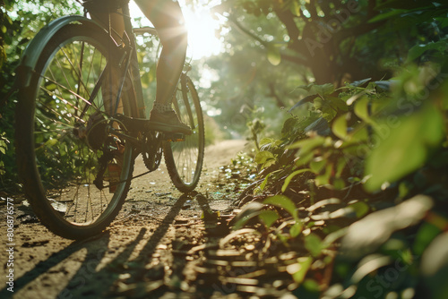 Sun-drenched bicycle on a lush garden path, inviting adventure.