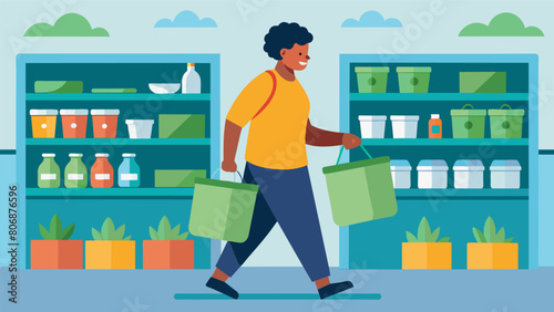 A shopper brings their own reusable bags and containers to the grocery store reducing waste and avoiding the use of plastic bags..