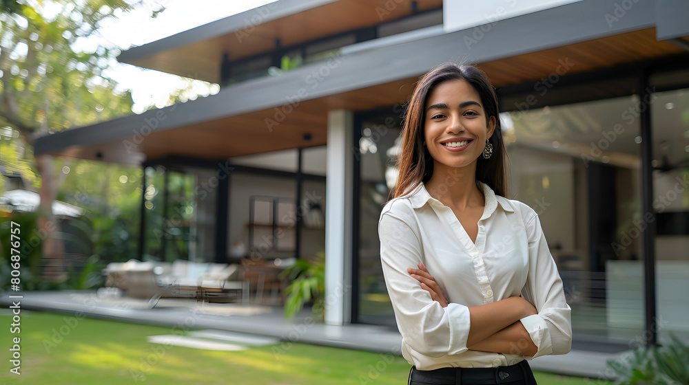 A cheerful Asian female real estate agent, with arms crossed and a bright smile, stands before an elegant, modern home, showcasing her professional expertise in the luxury property market. A cheerful Asian female real estate agent, with arms crossed and a bright smile, stands before an elegant, modern home, showcasing her professional expertise in the luxury property market.