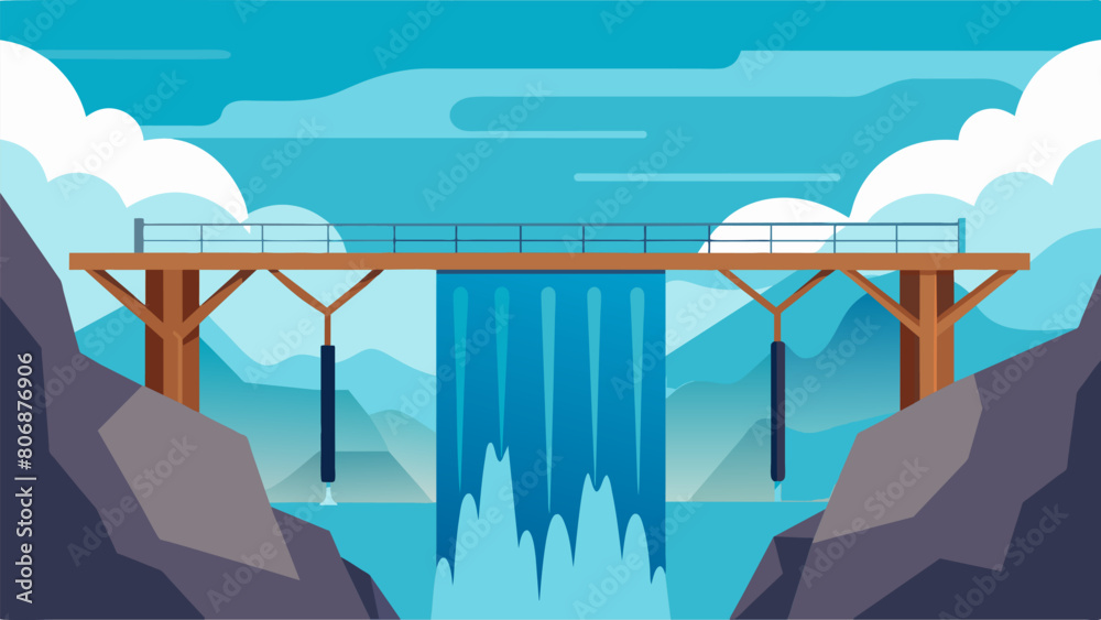 Fototapeta premium A modern steel bridge rising high above a churning waterfall symbolizing the stoics ability to withstand the forces of nature.. Vector illustration