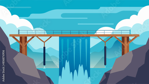 A modern steel bridge rising high above a churning waterfall symbolizing the stoics ability to withstand the forces of nature.. Vector illustration