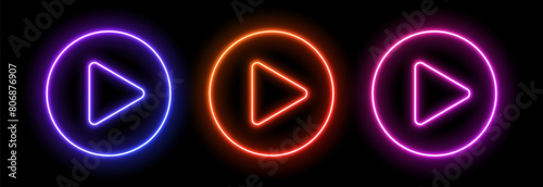 Neon play button. 3d icon for music. Banner with glow for games, TV and cinema. Led laser fluorescent symbol for party and club design. photo