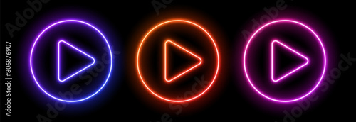 Neon play button. 3d icon for music. Banner with glow for games, TV and cinema. Led laser fluorescent symbol for party and club design.