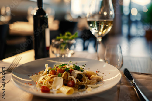 Gourmet pasta dish basks in golden light  inviting a taste of Italy.