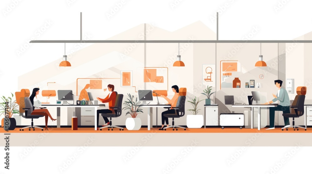 Healthy workplace cartoon illustration - Generative AI. Table, monitor, chair, books, plant.