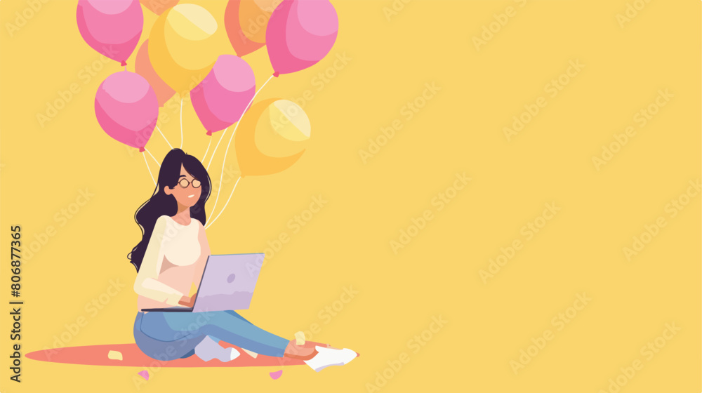 Young woman with laptop and balloons on yellow background
