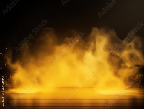 Yellow smoke empty scene background with spotlights mist fog with gold glitter sparkle stage studio interior texture for display products blank 