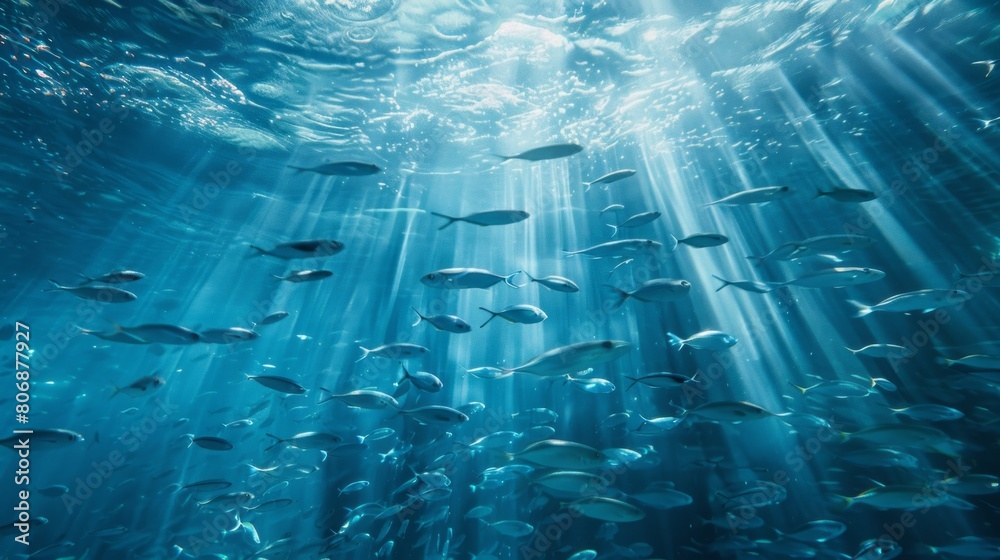 a beautiful underwater photograph of a school of fish, blue, quality rendering.