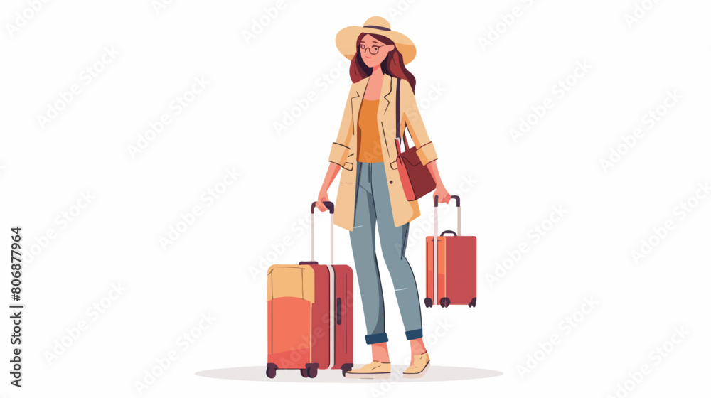 Young woman with luggage ready for business trip on white