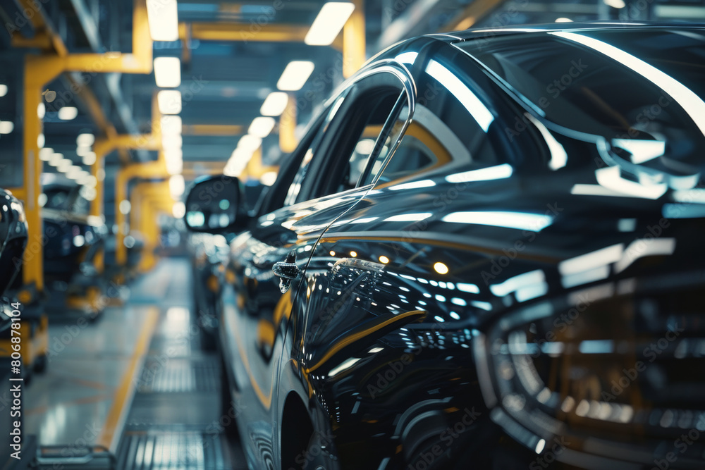 Obraz premium Sleek cars gleaming under factory lights await their journey to the showroom floor.