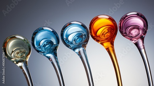 Four different colored glass spoons arranged neatly in a row on a shiny surface