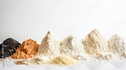 Various types of culinary flour in a row, white background. AI generated.