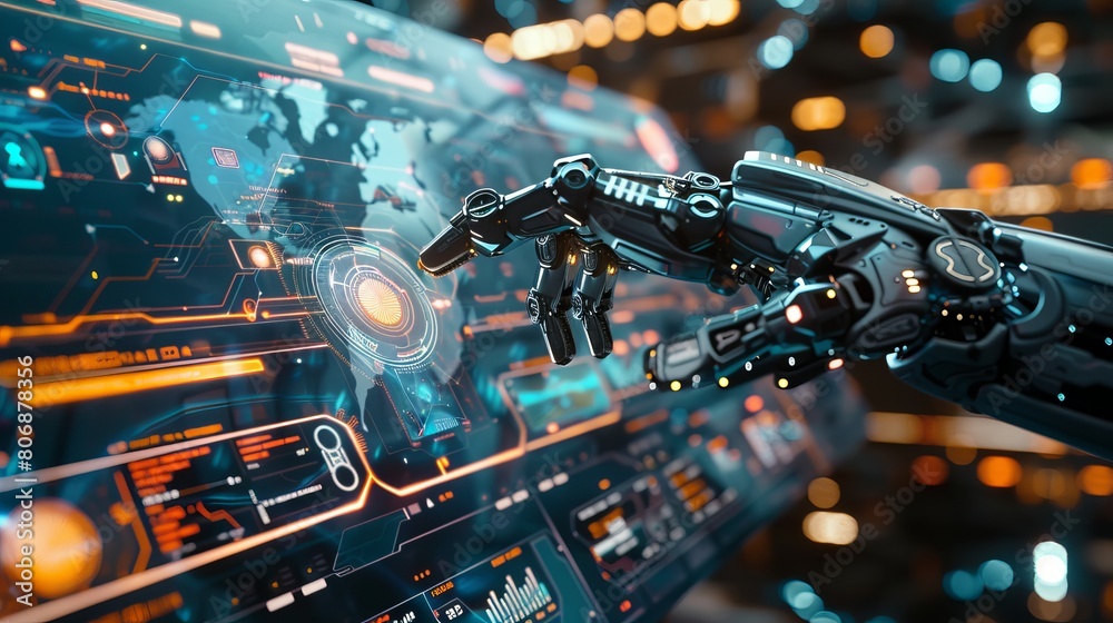 A mechanical robotic arm interacts with a virtual HUD screen interface within a high-tech, futuristic setting, rendered in 3D A mechanical robotic arm interacts with a virtual HUD screen interface within a high-tech, futuristic setting, rendered in 3D
