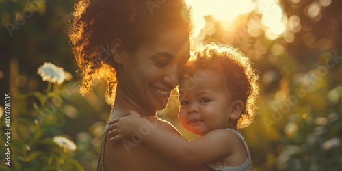 Happy young African American mom hold in hands baby. ai generated © dark_blade
