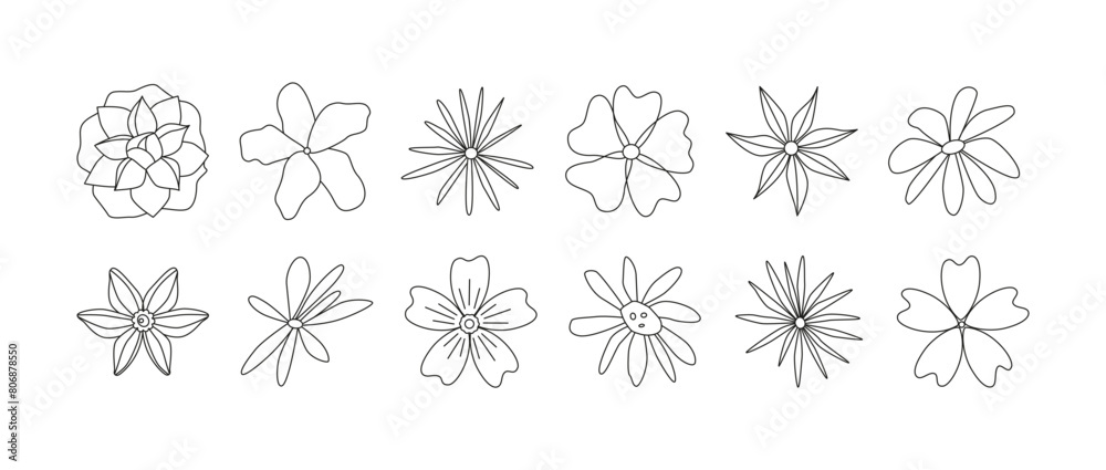 Outline retro flowers. Hand drawn line art. Flower power. Floral summer and spring meadow. Black and white doodles. Editable contour. Coloring book.	