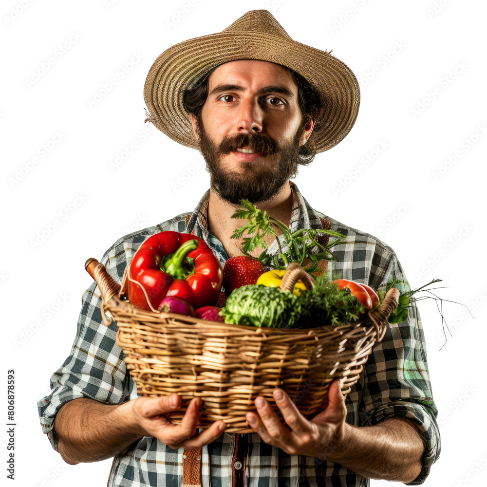 farmer proudly holding a basket of fresh produce on a clean white background.