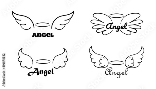 Angels Wings set with aureole. Doodle hand drawn logo. Wing and halo nimbus sketch tattoo contour. Collection of Vector illustration isolated on white background