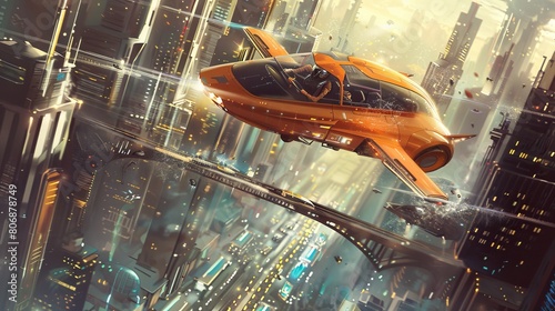 A science fiction illustration of a futuristic flying car, piloted by a cyborg, hovering above a road in a futuristic city photo