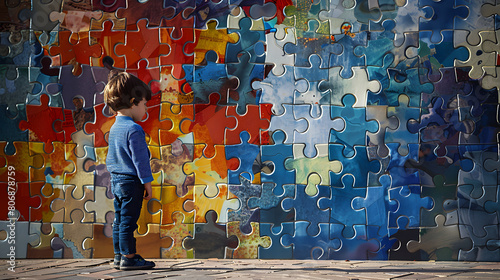 boy engages with vibrant multicolored puzzle piece mural, representing diverse interconnected nature of human experiences individuality inclusivity awareness especially World Autism Awareness Day