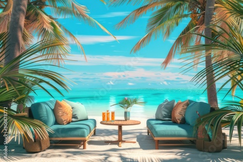 a view of a beach with some refreshments on the table with palm trees