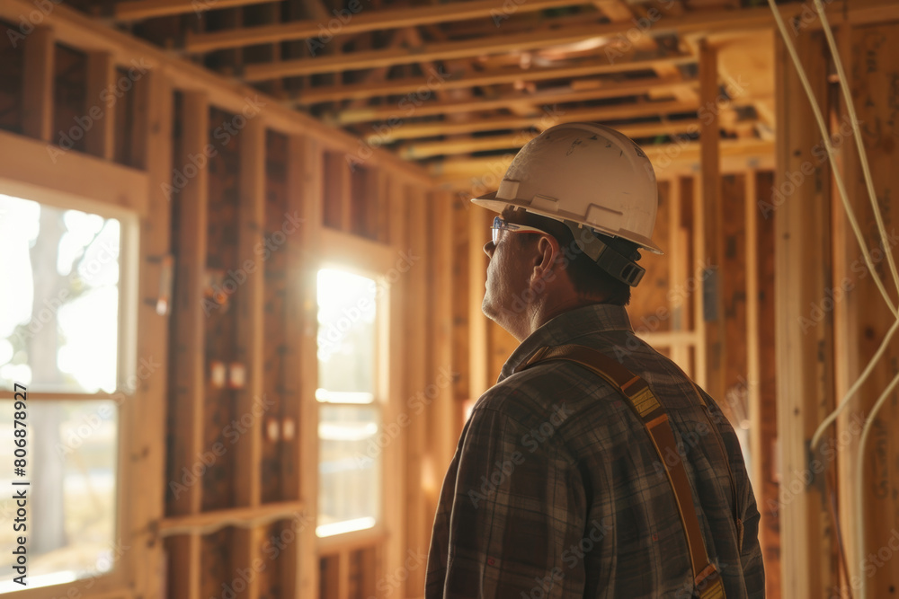 Solemn construction worker gazing upon the framework of a building in progress. Solemn construction worker gazing upon the framework of a building in progress.