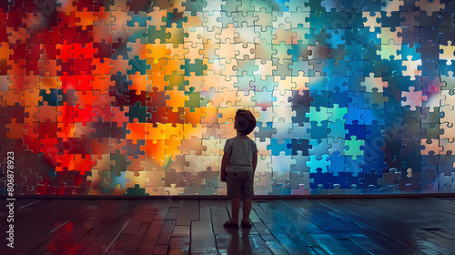 boy stands in awe before a massive, colorful wall made of puzzle pieces symbolizing complexities beauty of perception childhood learning challenges and unique ways in which each person sees the world photo