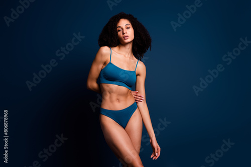 No filter photo of tempting sweet lady underwear lingerie loving body positive isolated blue color background © deagreez