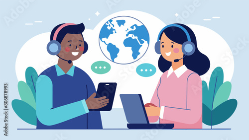 Two colleagues on a business trip using a single pair of headphones to listen to a foreign language audio lesson together. Vector illustration