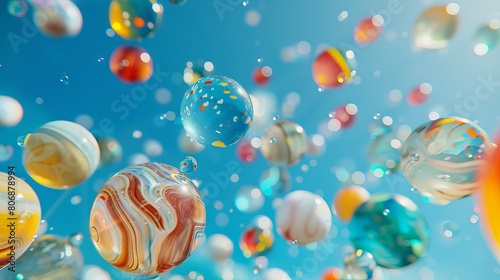 very large marbles falling from a blue sky onto a trampoline and bouncing back up  motion blur 