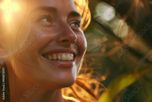 Radiant woman enjoying a sunlit moment, her smile as bright as the golden hour glow.