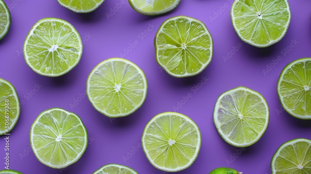 Slices of fresh lime on a vibrant purple background, viewed from above in a flat lay style.