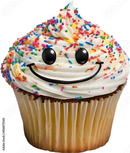 A delicious-looking rainbow sprinkles cupcake. 