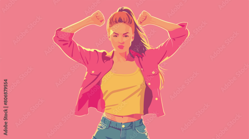 Young woman with ppduster showing muscles on pink background