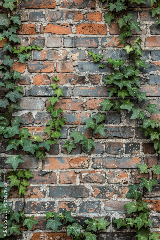 Textured surface of a brick wall with ivy creeping along the edges, featuring rustic charm and natural elements. Brick wall textures with ivy offer a rustic and earthy backdrop Textured surface of a brick wall with ivy creeping along the edges, featuring rustic charm and natural elements. Brick wall textures with ivy offer a rustic and earthy backdrop