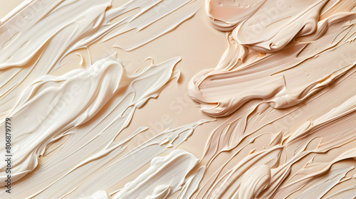 fluid, artistic swirls of beige cosmetic cream spread across a surface, highlighting the luxurious texture and versatility of makeup foundation for various skin tones.