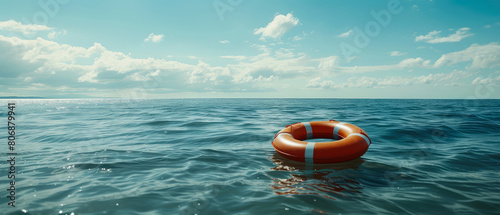 Lifebuoy floating in the sea or ocean. Saving life concept. Summer vacation  journey mockup. Seascape. Generative ai