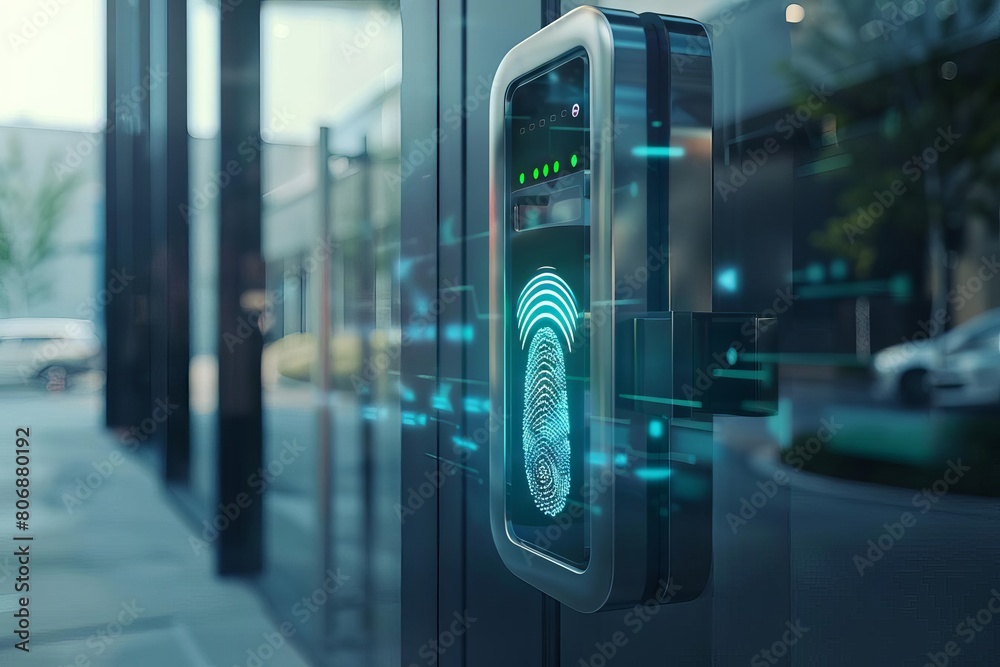 fingerprint scan access control system on office door biometric security technology 3d illustration fingerprint scan access control system on office door biometric security technology 3d illustration